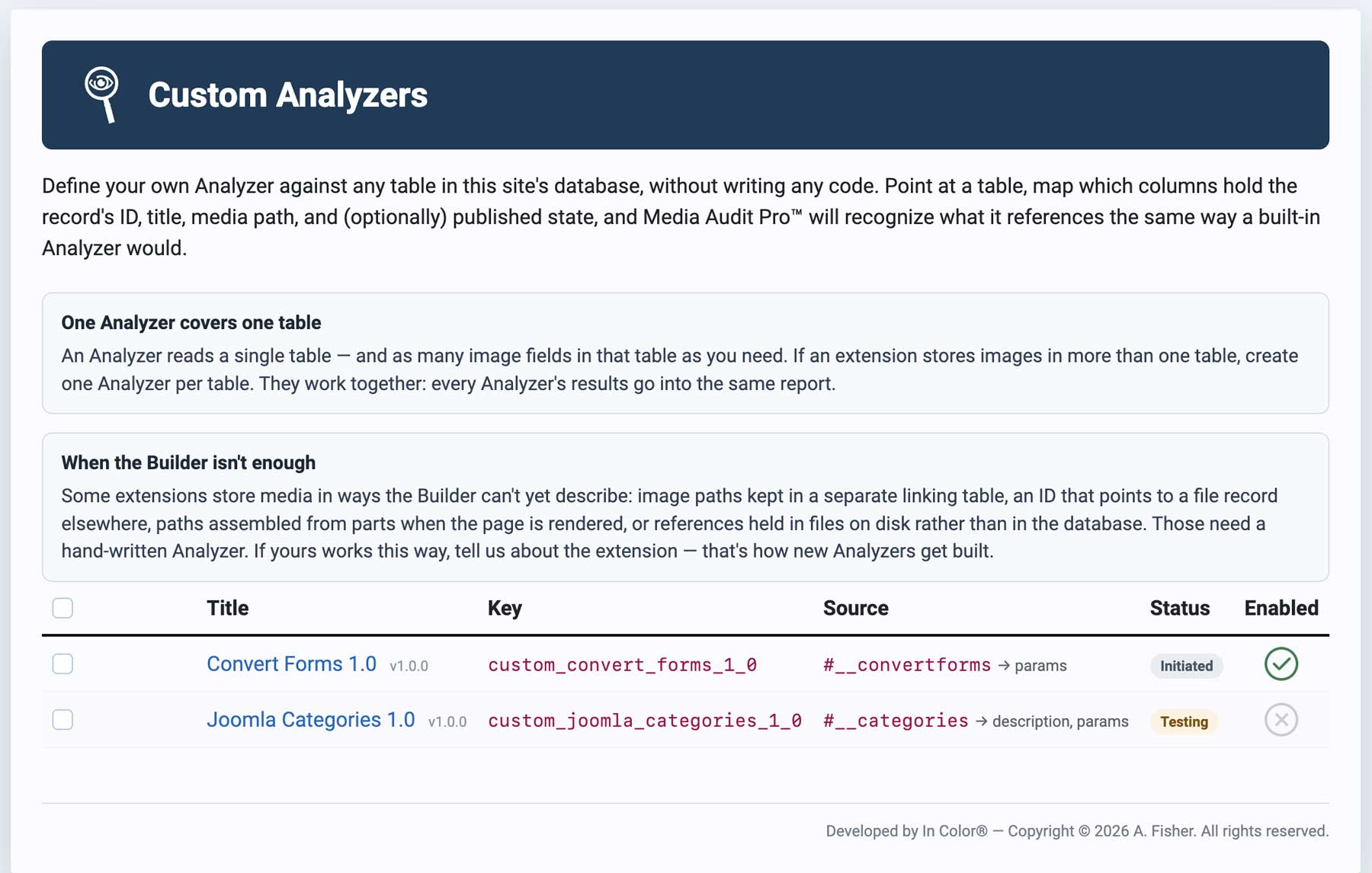 Media Audit Pro Custom Analyzers showing the Analyzer Builder